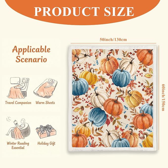 Fall Pumpkins Throw Blanket, Autumn Orange White Blue Pumpkins Leaves and Berries Soft Warm Fleece Blanket for Living Room Couch Bed Chair or Dorm, 50"x60"