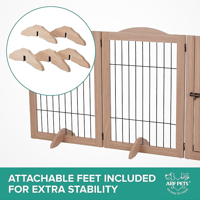 Arf Pets Freestanding Dog Gate with Door, 6 Panel 360° configurable Wooden Wire Fence, 132" Wide, 31.5" Tall, Foldable, Five Support Feet Included, for The House - Indoor Use