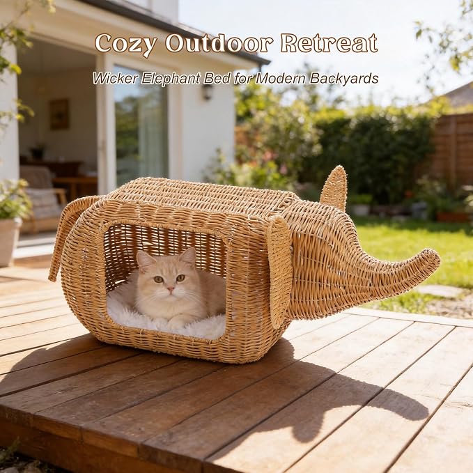 PAWZ Road Elephant Rattan Cat Bed, Indoor Outdoor Condo for Large Cats | breathable rattan cat house, 51L interior fits large cats 15lbs, wicker cat bed with removable cushion