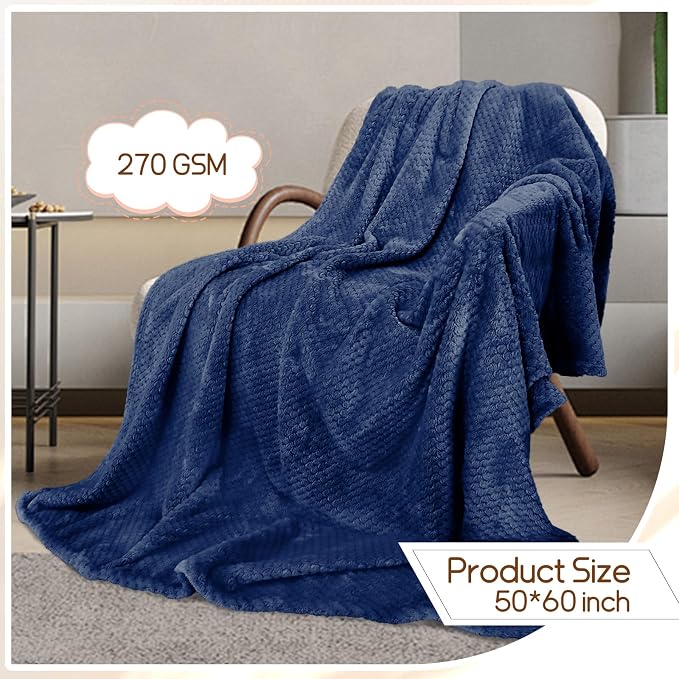 4 Pack Fleece Throw Blankets 50x60 Inches - 270 GSM Ultra Soft Plush Flannel for Bed Couch Sofa, Lightweight Warm 3D Waffle Texture, No Shedding No Pilling All Season Throw (Navy Blue)