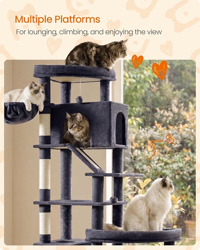 Feandrea Multi-Level Cat Tree for Large Cats, 79.5 inch Tall Cat Tower with 6 Resting Areas and Sisal Scratching Posts, 41.3 x 17.7 x 79.5 inch, Dark Gray Clawfy Collection UPCT020G201