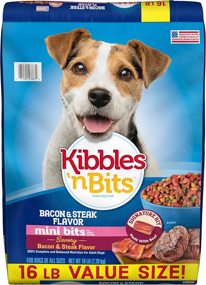 Kibbles 'n Bits Mini Bits Small Breed Dry Dog Food, 16 lb. Bag | Complete & Balanced Nutrition Formulated For Small Adult Dogs Crafted With Easy-To-Chew Bites Of Savory Bacon & Steak Flavors