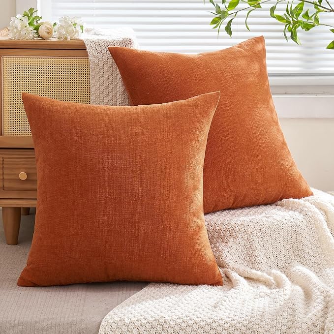 MIULEE Fall Orange Chenille Couch Throw Pillow Covers, 18x18 | Set of 2, Soft Farmhouse Modern Home Decor, Decorative Pillowcases for Sofa Living Room Bed