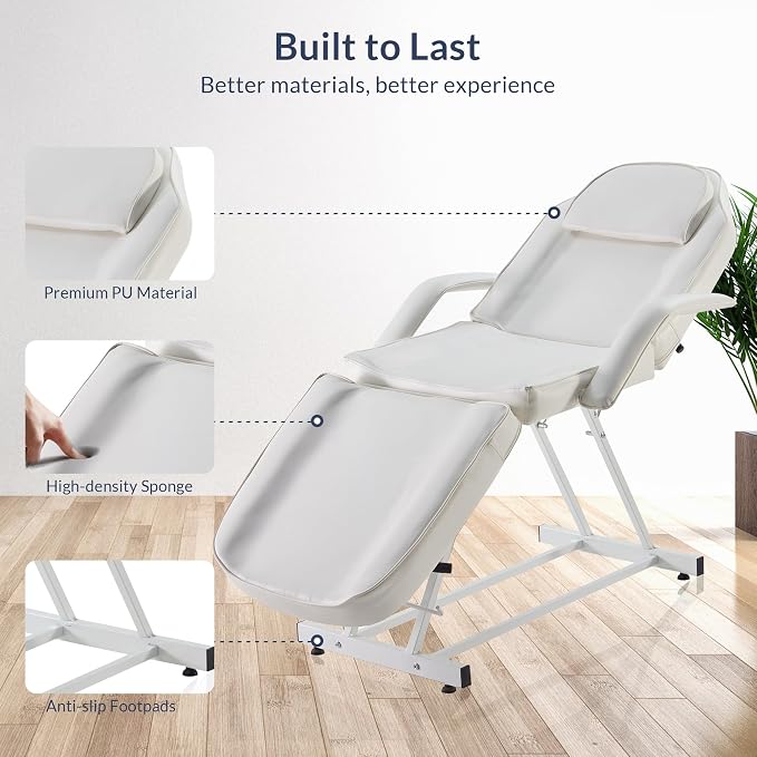 BELLEZE Adjustable Tattoo Table Chair Salon Bed Eyelash Microblading Esthetician Equipment for Professional Massage Facial Lash Beauty Treatment Spa - White