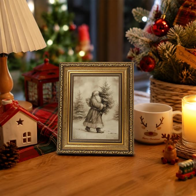 Fantasy Artists Christmas Framed Canvas Wall Art, Vintage Santa Claus Carrying Christmas Tree Gold Frame Print, Classic Holiday Wall Decor for Living Room Bedroom Entryway, Ready to Hang, 8" Wx10 H
