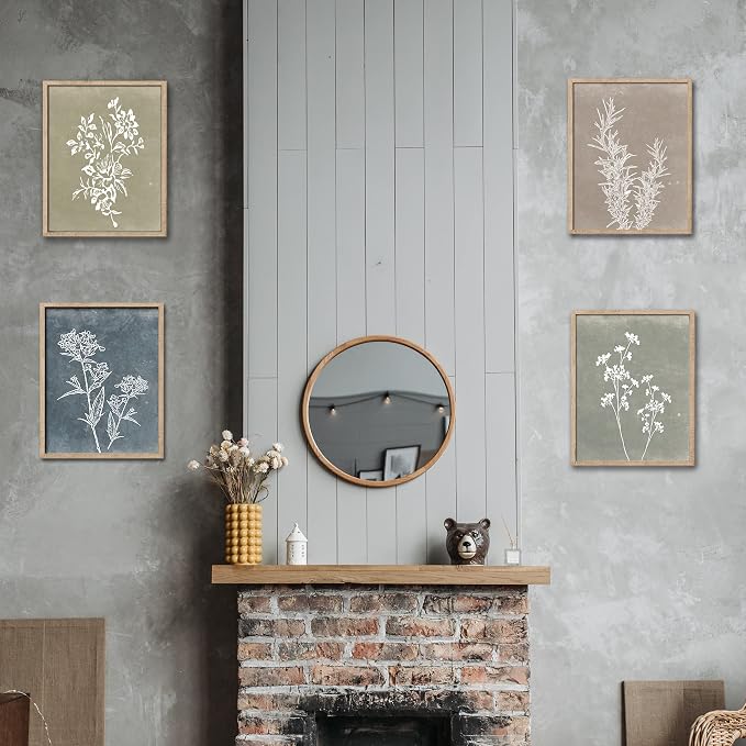 Liswit Framed Boho Wall Art Set of 4 for Wooded Minimalist Botanical Print Wall Art for Rustic Vintage Farmhouse Home Kitchen Wall Decor (Brown, 12x16)