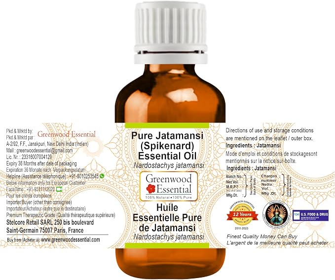 Greenwood Essential Jatamansi (Spikenard) Essential Oil (Nardostachys jatamansi) Pure | Non-Sticky | Non-Greasy | Lightweight | Men & Women | All Skin Types | Steam Distilled 15ml (0.50 oz)