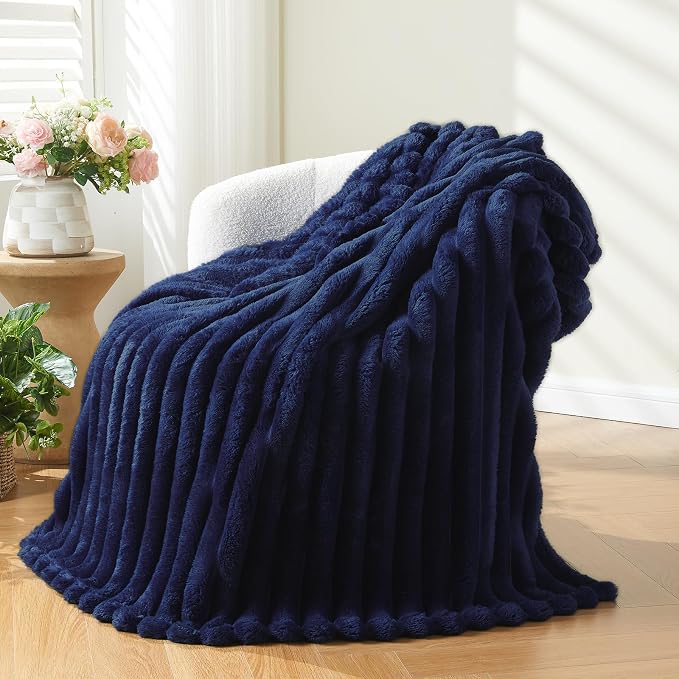 NEWCOSPLAY Fleece Ribbed Cozy Twin Blanket for Couch, Dark Navy, 60"x80" | Premium Silky Flannel Blanket, Soft Lightweight Fluffy Throw Blanket for Bed Sofa Decor, Gift for All Season Use