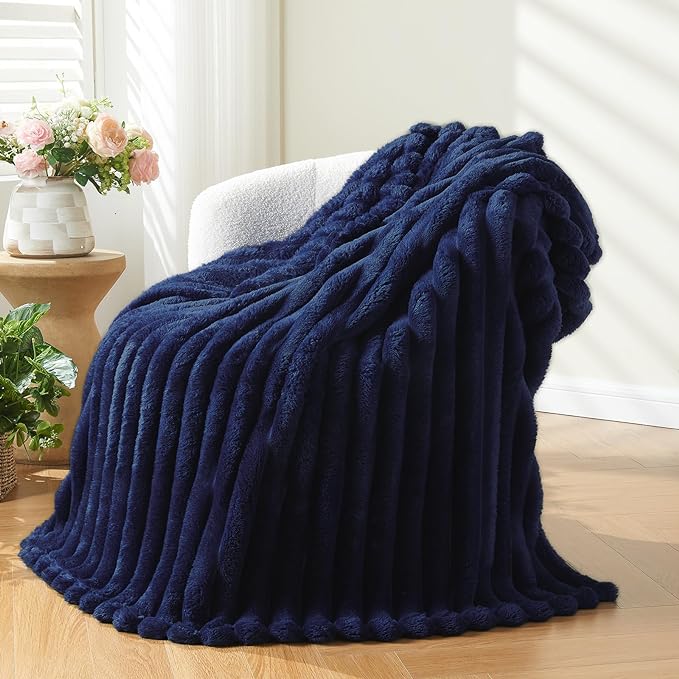 NEWCOSPLAY Fleece Ribbed Cozy Throw Blanket for Couch, Dark Navy, 50"x60" | Premium Silky Flannel Blanket, Soft Lightweight Fluffy Throw Blanket for Bed Sofa Decor, Gift for All Season Use
