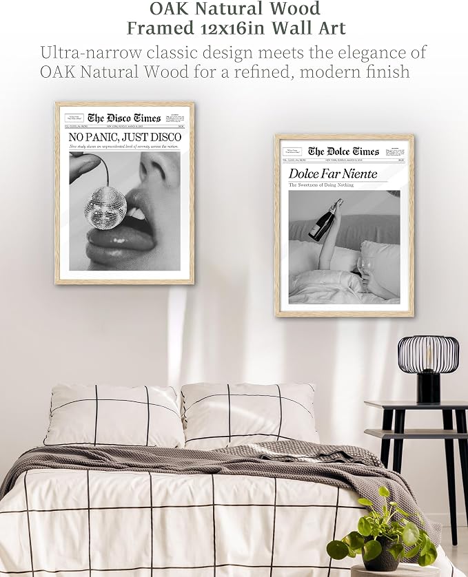 iHery 12x16in Dolce Far Niente Framed Newspaper Wall Art | Natural OAK Wood Frame with Canvas Print, The Sweetness of Doing Nothing Decor for Bedroom, Living Room and Dorm, 1Pack