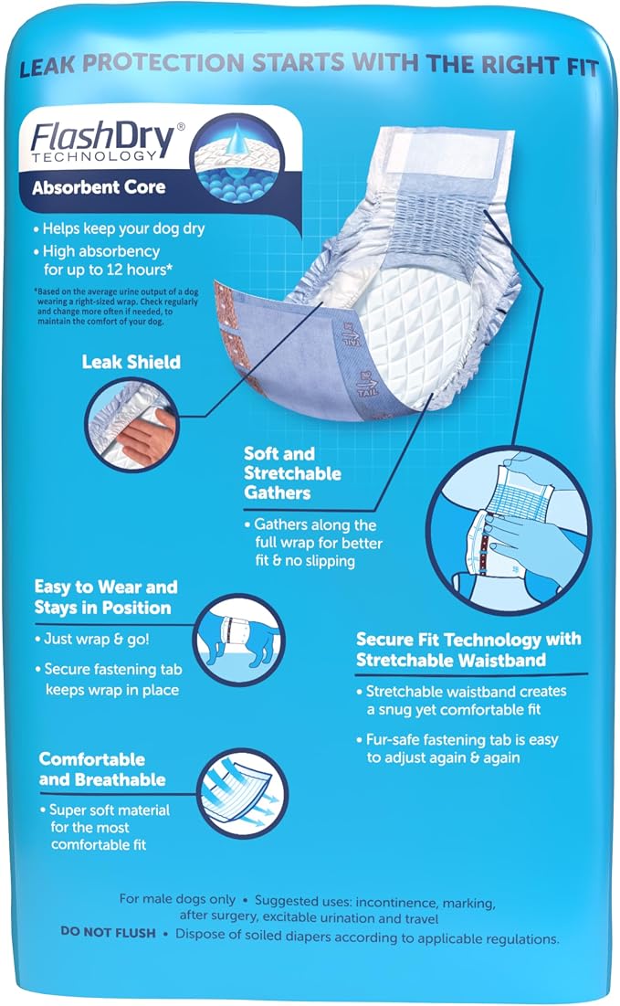 Hartz Comfitables Disposable Male Dog Wraps Stretchy Waistband, M 36 Count | Comfortable & Secure Fit, Easy to Put On, Super Absorbent, Breathable Material, FlashDry Technology, Leak Shield