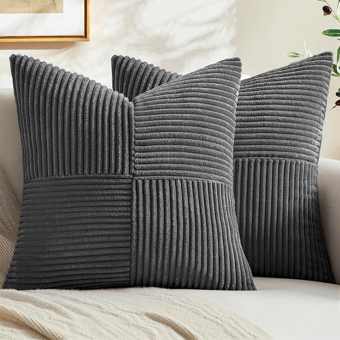 MIULEE Grey Decorative Throw Pillow Covers for Couch 20x20 Inch | 2 Pack, Boho Farmhouse Pillow Covers, Soft Cross Corduroy Patchwork Textured Cushion Cases For Bed Sofa