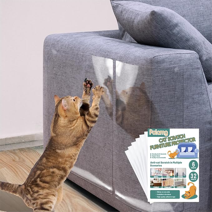 Anti-Cat Scratch Furniture Protector-6-Pack –Single-Sided, Heavy-Duty Self-Adhesive Tape, No-Residue for Couch, Doors & Walls - with 32 Twist Pins