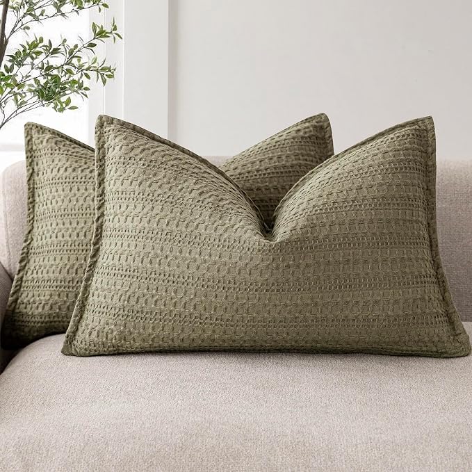 Foindtower Set of 2 Decorative Cotton Waffle Weave Lumbar Throw Pillow Covers Euro Shams Cushion Covers Accent European Pillowcase for Bed Couch Bedroom Living Room Home Decor 12×20 Inch Olive Green