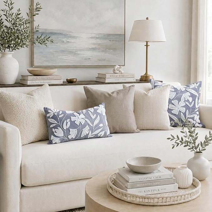 Decorative Lumbar Pillow Cover 12x20, Coastal Dusty Blue Accent Velvet Throw Pillowcase for Couch Sofa Living Room, Floral Tufted Rectangular Cushion, Cover Only