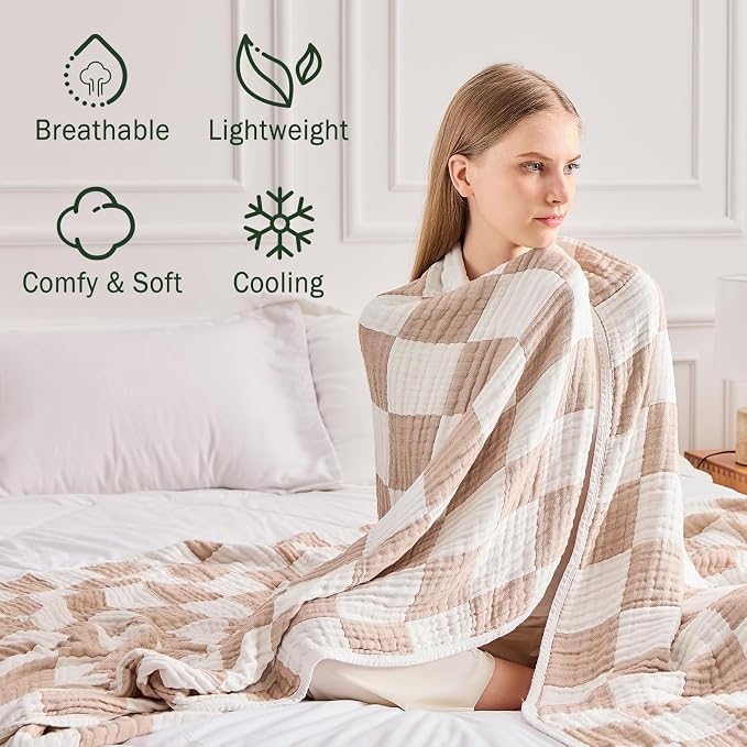 EMME Cooling Muslin Queen Blanket for Bed - Checkered Lightweight Summer Cotton Blankets of Rayon Derived from Bamboo for Hot Sleepers, Ultra Soft Breathable Gauze