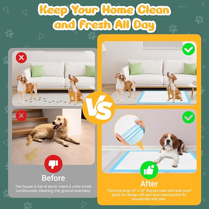 60 Count Extra Large Dog Pee Pads 28" x 34", Super Absorbent X-Large Puppy Pads Disposable Dogs Training Pads, Quick Drying Leak-Proof Dog Potty Pads for Doggies Puppies (Pack of 2)