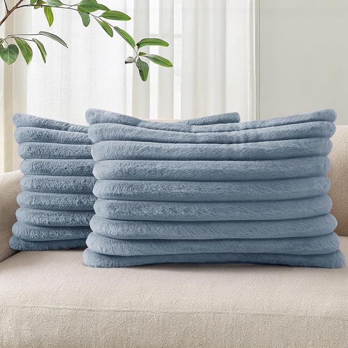 Pallene Faux Fur Decorative Throw Pillow Covers 12x20 Set of 2, Blue Grey | Luxury Plush Texture, Striped Design, Cozy Soft Touch, Modern Home Accent Decor for Couch, Sofa, Bed, Living Room