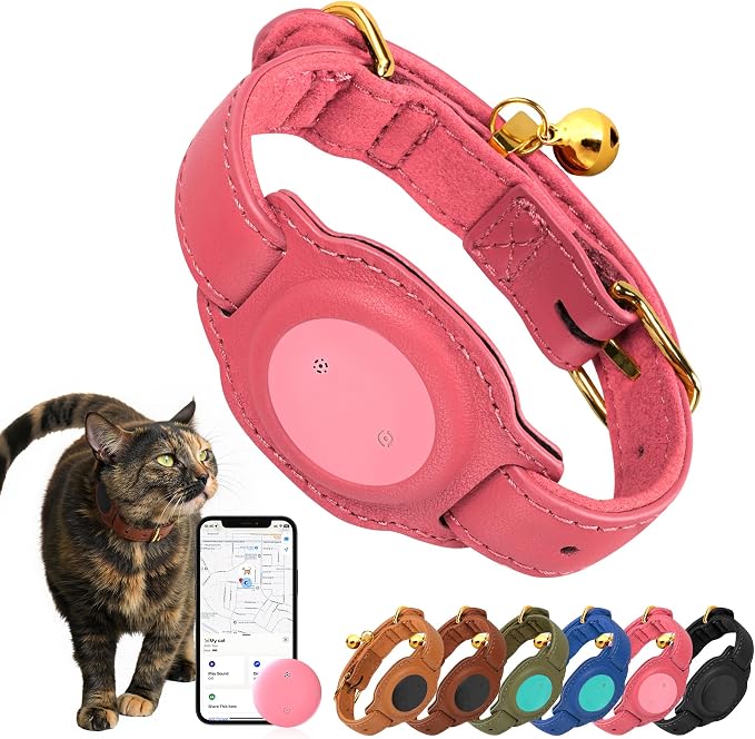Cat Tracker, GPS Pet Tracker for Cats (Only iOS), Leather Cat Collar with Tracker, Works with Any Collar, No Monthly Fee, Compatible with Apple Find My App not for Android (Pink)