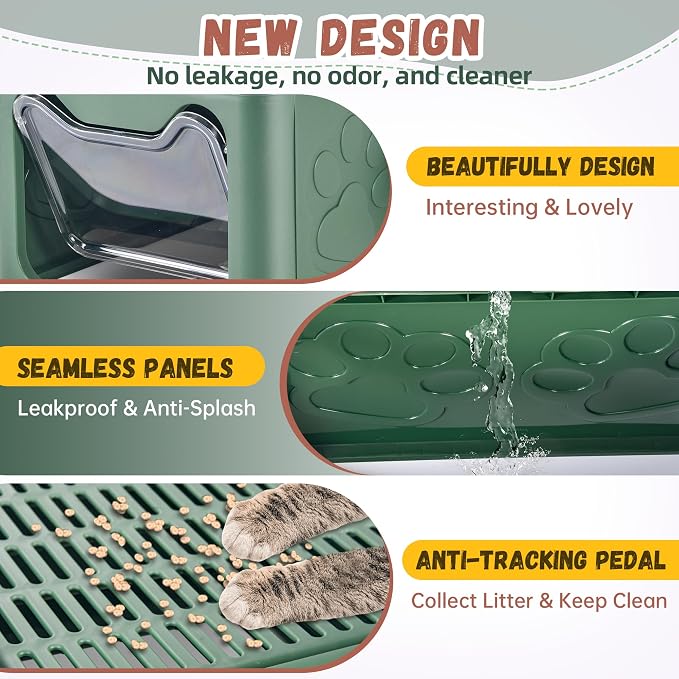 Covered Cat Litter Box, Extra Large Drawer Design with Dual Entry, Green | 13L litter capacity, adjustable door, leakproof structure, cleaning accessories, complimentary cat litter mat
