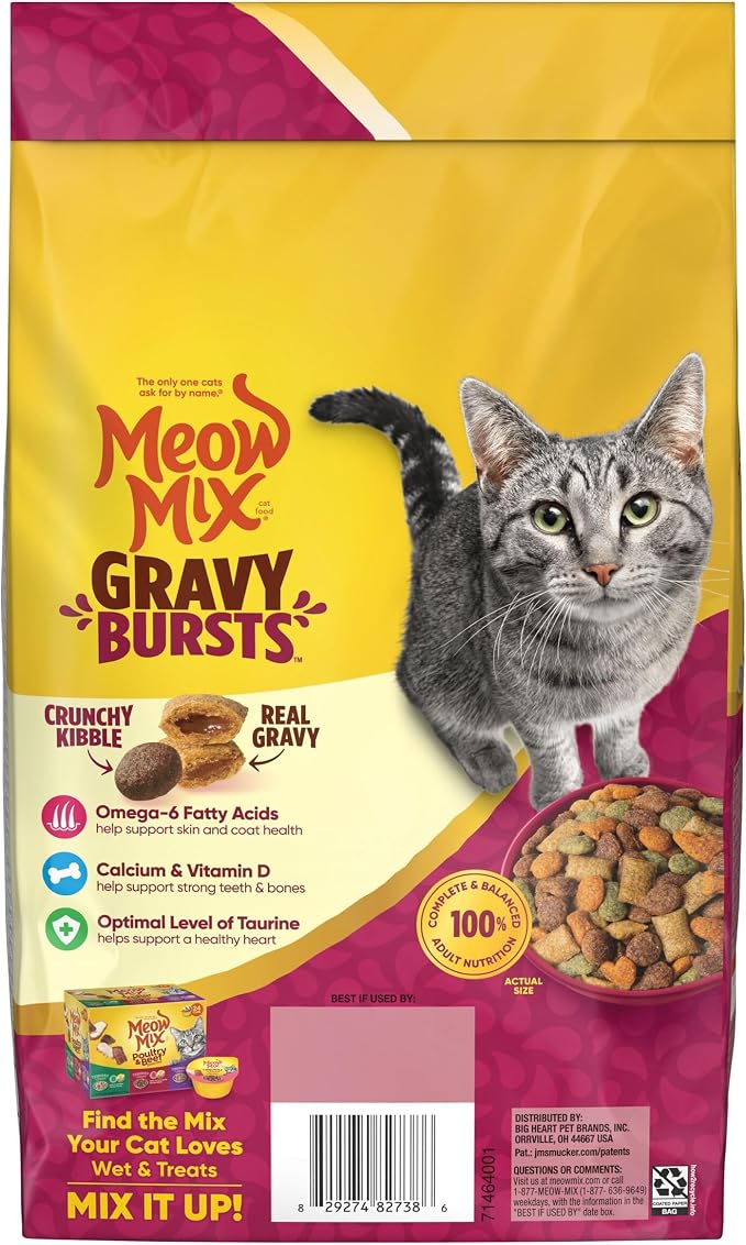 Meow Mix Gravy Bursts, Savory Chicken Flavor Mix, Gravy Filled Dry Cat Food, 3 lb. Bag (Pack of 2)