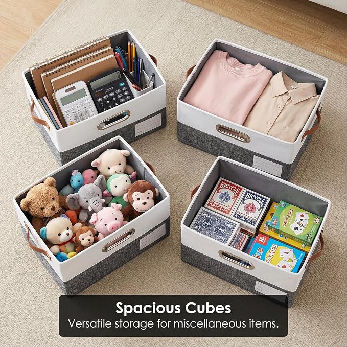 Storage Bins with Lids [3-Pack] Linen Fabric Foldable Storage Boxes Organizer Containers Baskets Cube with Cover for Bedroom Closet Office Grey&White（11.4X8.6X6.7