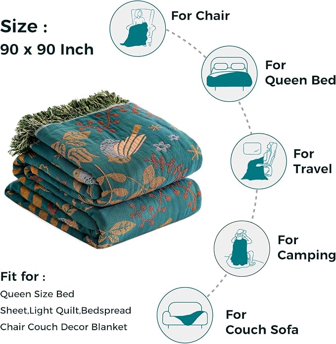 LUTBM Queen Throw Blanket for Bed, 100% Cotton Boho Soft Quilt Room Decor | Reversible Floral Bird Jacquard, 90"x90" All-Season Bedspread, For Chair Sofa Couch Bedroom, Lightweight Breathable Gauze