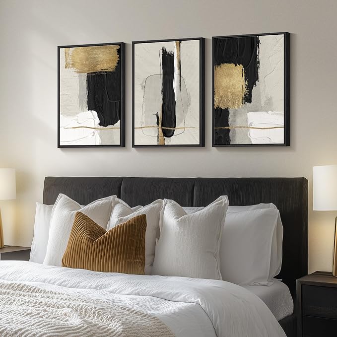 Framed Black and White Abstract Wall Art, 3 Piece Canvas Prints Paintings Artwork for Walls, Modern Minimalist Gold Beige Block Pictures for Living Room Hallway Office Wall Decor 16x24 Inch