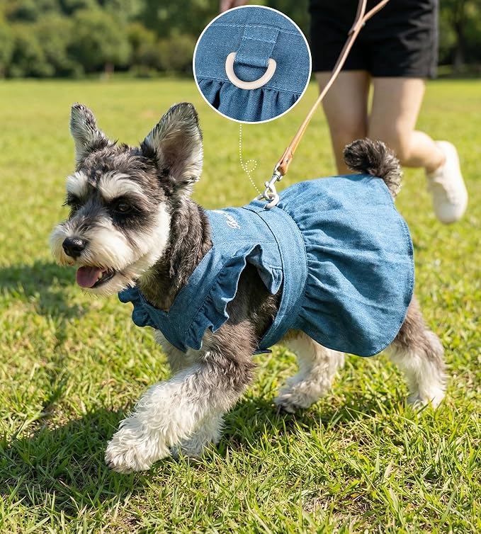 Denim Cat Dog Dress Clothes for Small Dogs with Leash Ring Summer Girl Small Dog Clothes Outfit Belly Velcro Fastening Cat Outfits&Apparel for Girl