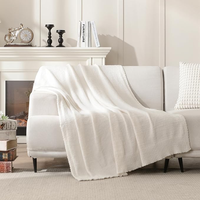 Cream Throw Blanket for Bed, Super Soft Knit Blankets, Cozy Fleece Fuzzy Fluffy Plush Chenille Throws Blanket for Couch, Sofa, Cream, 60 x 80 inches