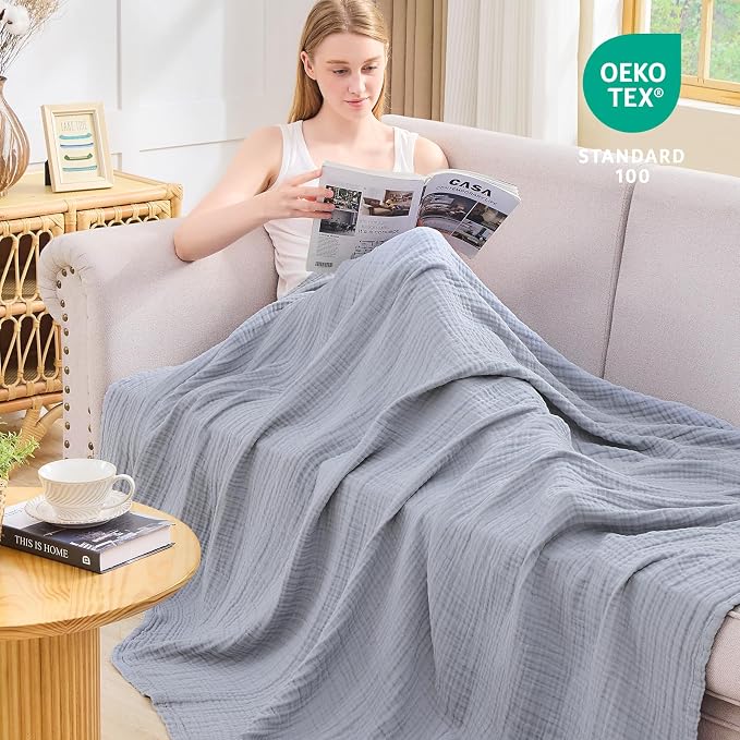 EMME Muslin Blankets for Adults Throw Blanket for Couch Breathable Gauze Soft Lightweight Airy Dusty Blue Super King 120" x 94"