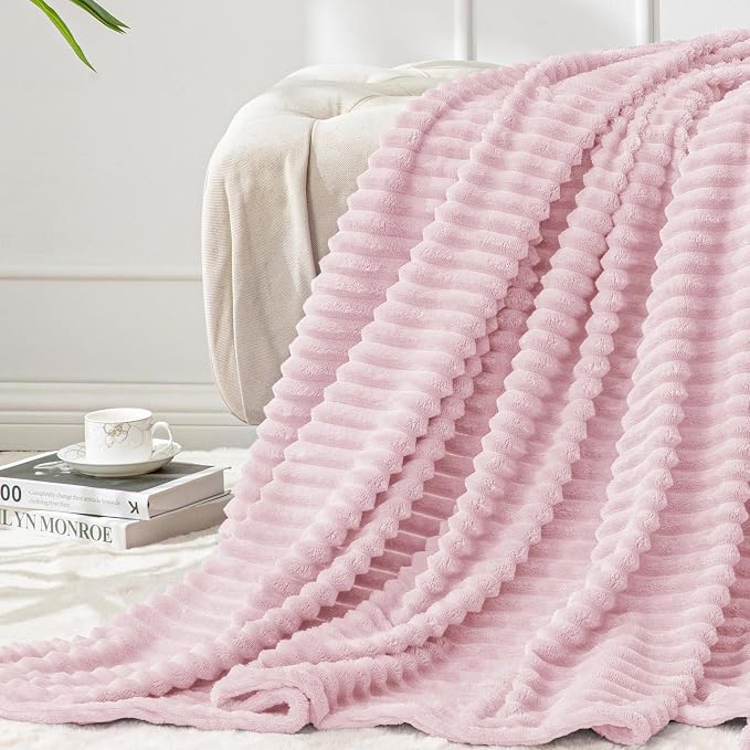 BEDELITE 3D Ribbed Cherry Blossom Fleece Twin Blanket for Bed, 60x80 Inch | Soft Warm Decorative Fluffy Blanket, Cozy Plush Lightweight Fuzzy Throw Blanket for Couch Sofa Room Decor, Gift for Women