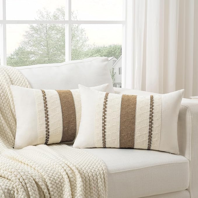 Fancy Homi Set of 1 Boho Light Brown Lumbar Decorative Throw Pillow Cover 12x20 Inch for Couch Bed Sofa Chair, Modern Organic Farmhouse Home Decor, Soft Cotton Cute Accent Rectangle Cushion Case