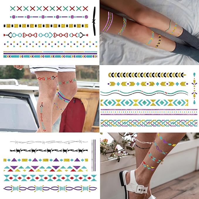 Temporary Tattoo Markers for Skin, 8 Body Markers + 84 Minimalist Armband Tattoo Stencil for Kids Adult, Flexible Brush Tip & Bright Colors Body Marker and Tattoos Stencils Set for Party Favor Gift