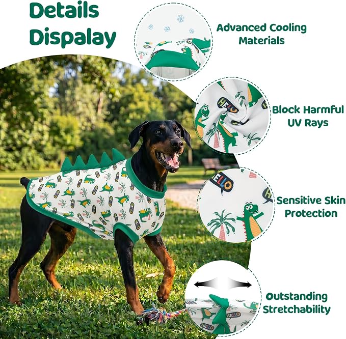 UPF 50+ Sun Protection Dog Shirt - Sleeveless Cooling Vest for Large Dogs Boy, Quick-Dry Pet T-Shirt with Funny Dinosaur Horns, UV Protective Breathable Dog Clothes U-COSBX11L