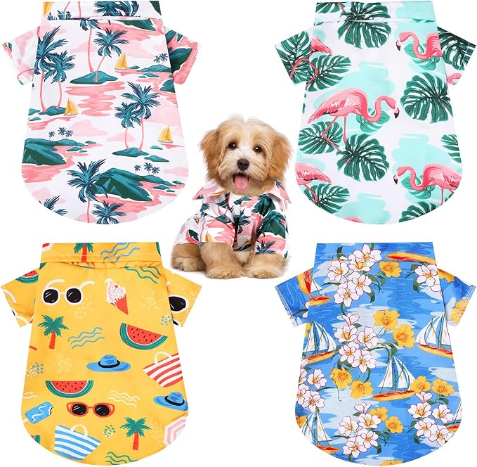 Weewooday 4 Pack Hawaiian Dog Shirts Summer Tropical,Lovely Style,2X-Large | Breathable Tee for Small Dogs, Beach Vacation Outfit, Floral Pineapple Palm Prints, Button-down Hawaiian Style Pet Shirt