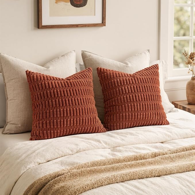 MIULEE Fall Euro Sham Corduroy Decorative Throw Pillow Covers 22x22 Rust | Terracotta Pack of 2 Soft Boho Striped Pillow Covers Modern Farmhouse Autumn Home Decor For Sofa Living Room Couch Bed