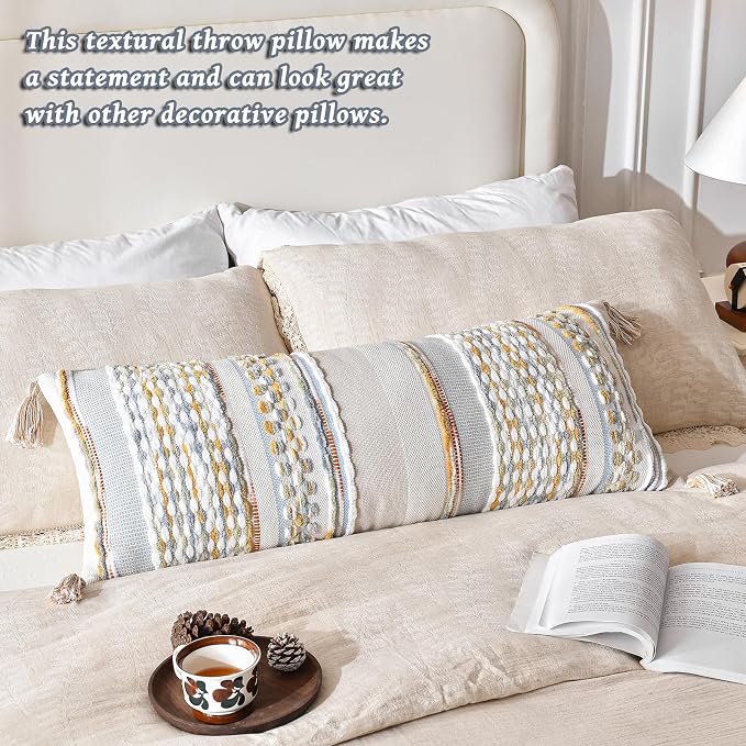 Chenille Striped Textured Boho Throw Pillow Covers Aesthetic with Tassels Woven Decorative Pillow Case for Couch Bed Sofa Bedroom Modern Funky 14 x 36-Inch Grey