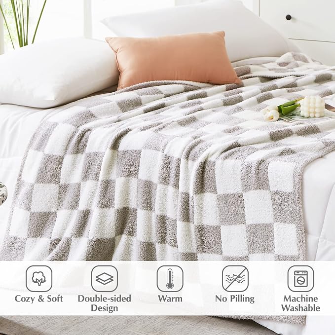 Soft Twin Size Checkered Blanket for Bed-Cozy Knitted Blankets | Lightweight Fluffy Warm Decor for Women, Mom, Her & Girls, Sofa, Chair, Couch, 60x80in,Light Grey
