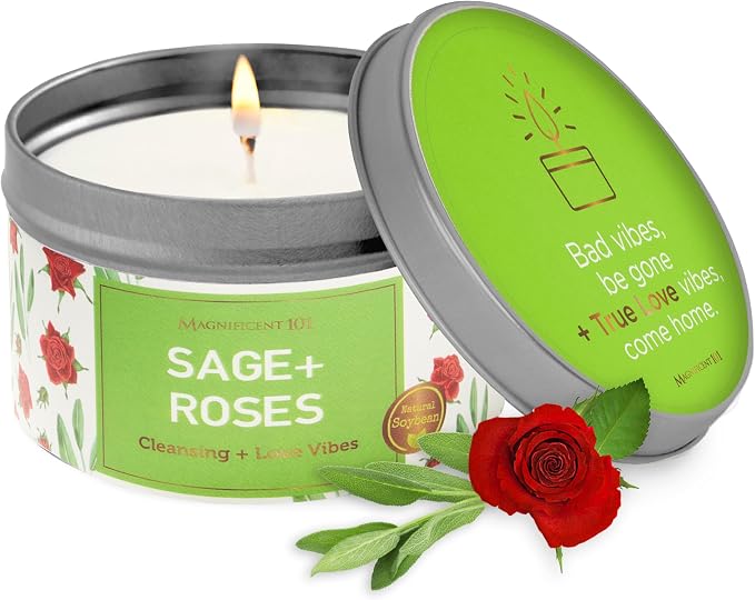 MAGNIFICENT 101 Sage & Roses Aromatherapy Candle for Space Cleansing - 6 oz Soy Wax - 35-Hour Burn - Long-Lasting Fragrance & Manifestation - Meditation Accessory & Spiritual Decor