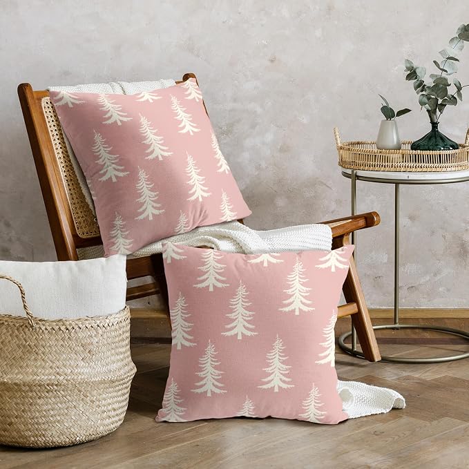 Christmas Pillow Covers 24X24 Inch Set of 2 Rustic Pink White Xmas Tree Decorative Pillow Cases Winter Holiday Cotton Linen Cushion Case Farmhouse Home Decor for Sofa Couch Bedroom