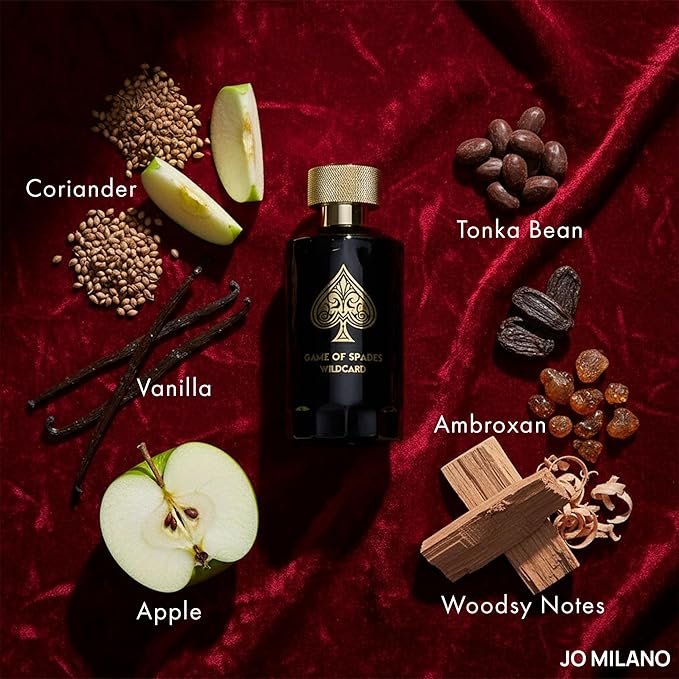 Jo Milano Game of Spades Wildcard Parfum Spray | 3.4 oz (100ml) | Vanilla, Apple, Tonka, Oud Wood, Bergamot Scent | Long Lasting Fragrance for Men