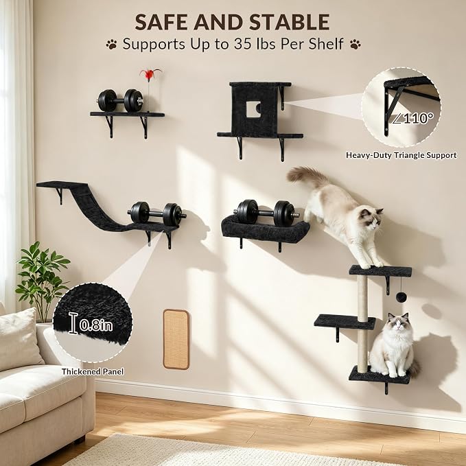 Cat Wall Shelves, 6 in 1 Cat Wall Furniture Set with Condos House, Bed, Bridge, Tree, Steps, Scratching Board, DIY Walls Playground for Indoor (Black)