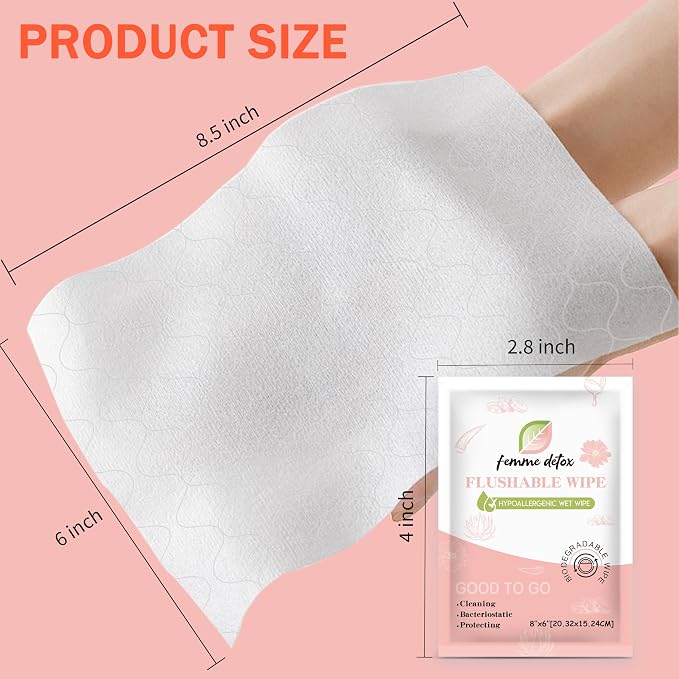 Flushable Feminine Wipes pH-Balanced & Unscented for Sensitive Skin | Individually Wrapped, Septic-Safe, Aloe-Infused | Travel & Home Use (60 Count)