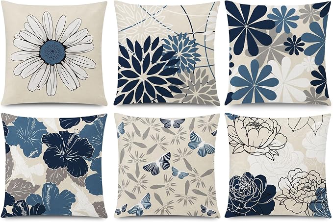 Blue Beige Linen Pillow Covers 16x16 Set 6 Farmhouse Daisy Floral Decor | daisy sunflower dahlia, decorative cushion cover, Breathable Linen, Accent pillow chair small Sofa, modern farmhouse Decor