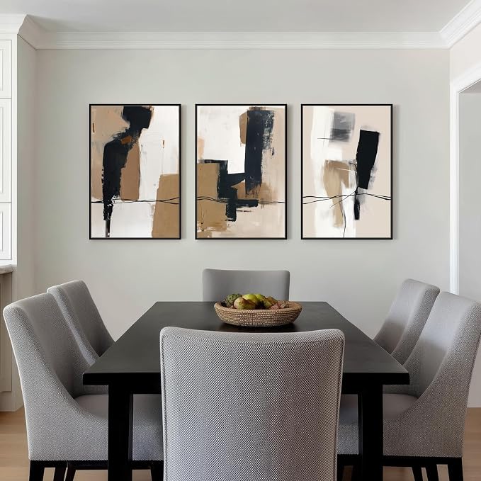 SAFERRYHOME Neutral Abstract Black and Tan Brown Wall Art Set of 3, 16"x24" | Black and Tan Brown Framed Canvas Print Set,Mid-Century Modern Brown Minimalist Shapes for Living Room Bedroom Office Hallway