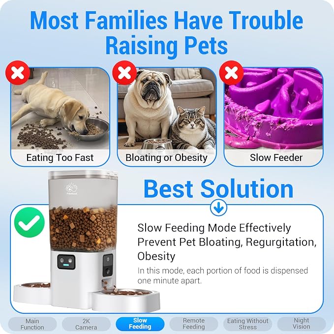 Frienhund 5G WiFi Automatic Cat Feeder with Two HD Camera: 7L Automatic Dog Feeder with Night Vision, Auto Cat Food Dispenser for Multiple Pet, Detachable for Easy Cleaning - 29 Cup
