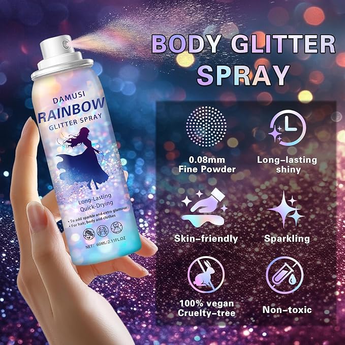 DAMUSI Pink Body Glitter Spray, Shiny Hair and Body Glitter Spray for Clothes, Holographic Glitter Hairspray Quick-Drying Long-Lasting Shimmer Highlighter Powder for Festival Concert Party Rave Prom