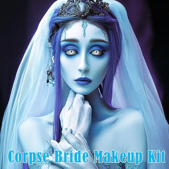 White Light Blue Face Body Paint 1.01oz/pc with 2 Sponges,Water Based Baby Blue Face Paint Kit for Corpse Bride Cosplay Sally Avatar Makeup,Halloween SFX Makeup Cream Face Painting,2.02 oz