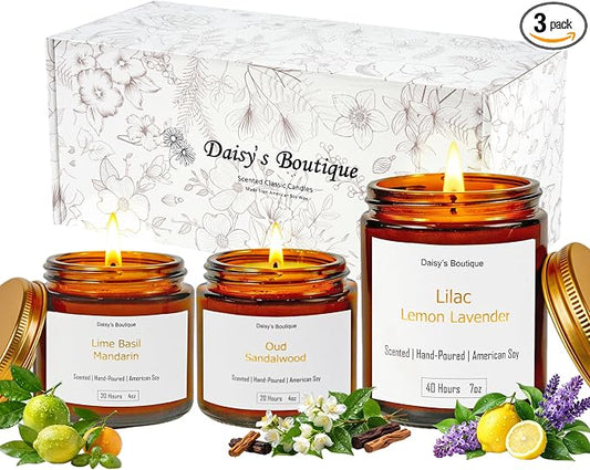 3 Pack Scented Candles for Home Aromatherapy Candle Gift Set Soy Wax Long Lasting Gift Birthday Mother's Thanksgiving Day Present (Amer Jar (Lime Basil + Lavender Lilac + Jasmine Sandalwood))